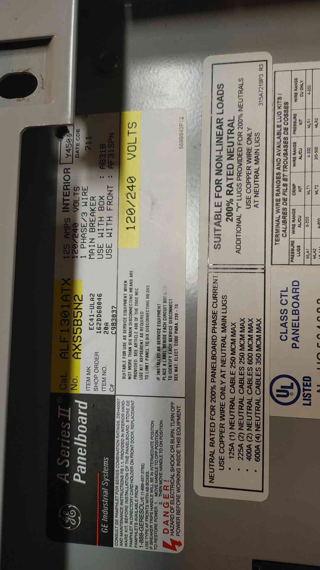 GE A Series 2 Panelboard 125A 120/240V 1PH EC41-ULA2 with MAIN (108904)