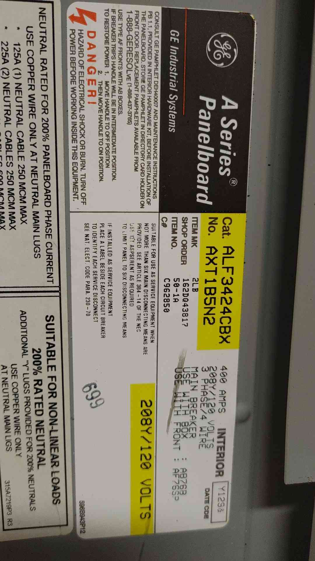 GE A Series Panelboard 400 Amp 208/120V 3PH w/ Main (108932)