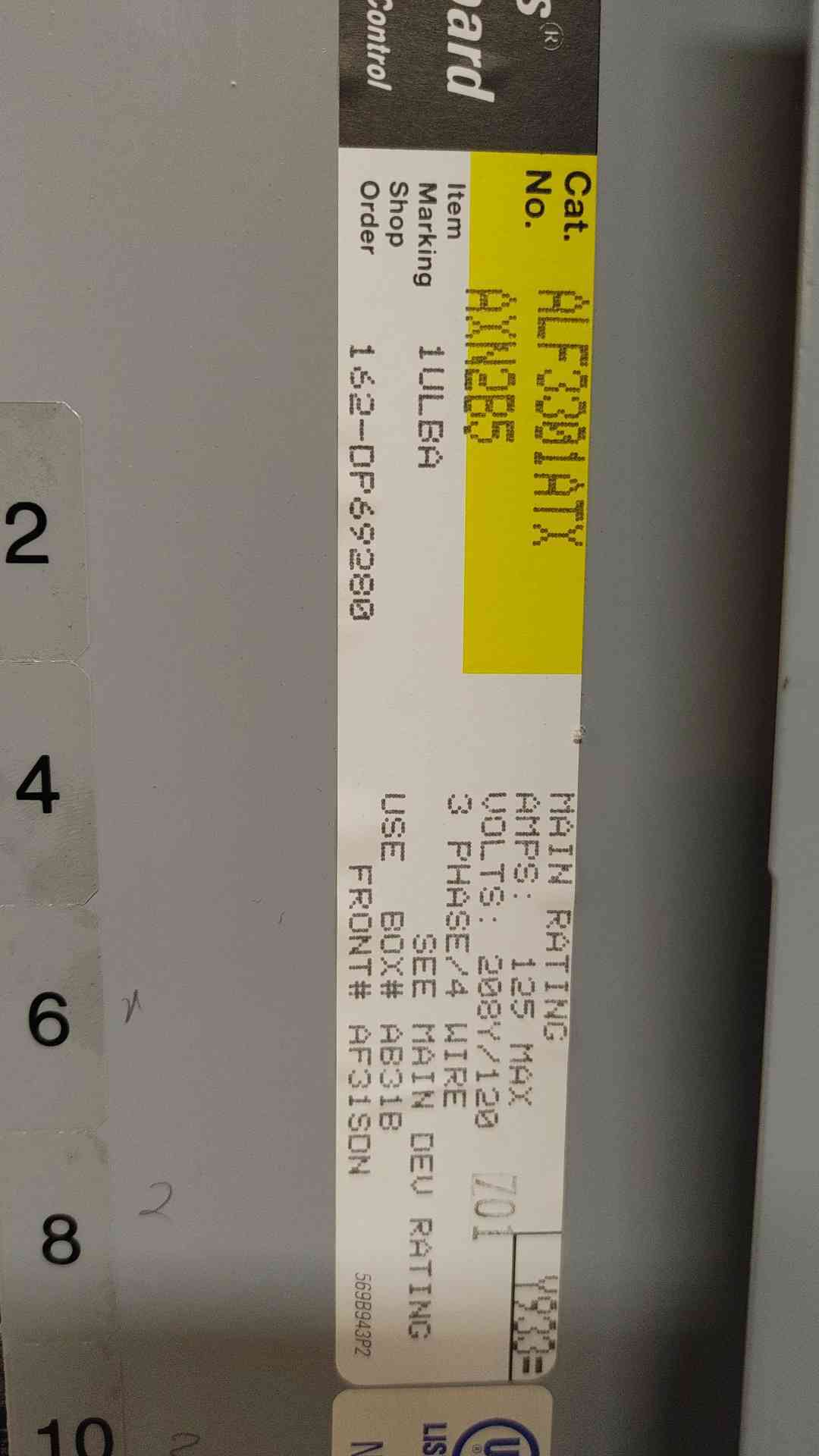 GE A Series Panelboard 125 Amp 208/120 Volt 3 Phase 4 Wire with Main (108977)