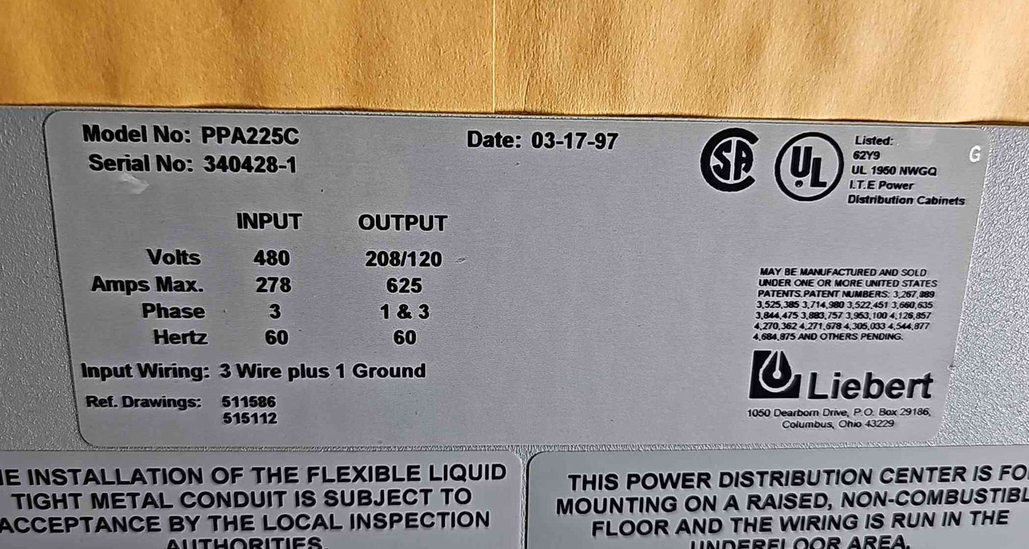 225KVA Liebert PDU PPA225C 480V x 208/120v 3PH Power Distribution Unit