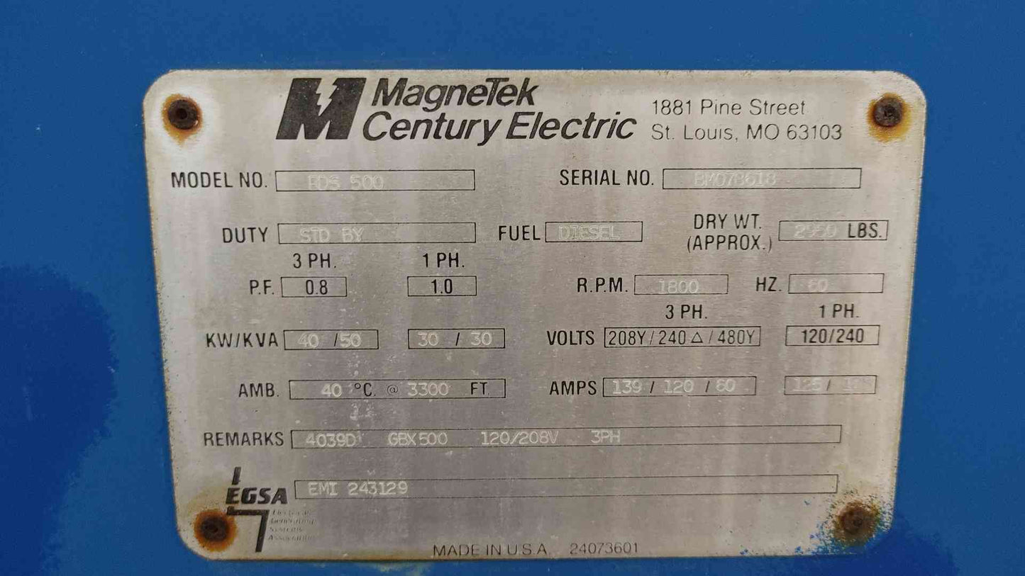 40KW Magnetek Generator 1&3PH John Deere Diesel 1023Hrs RDS500 TESTED (109007)