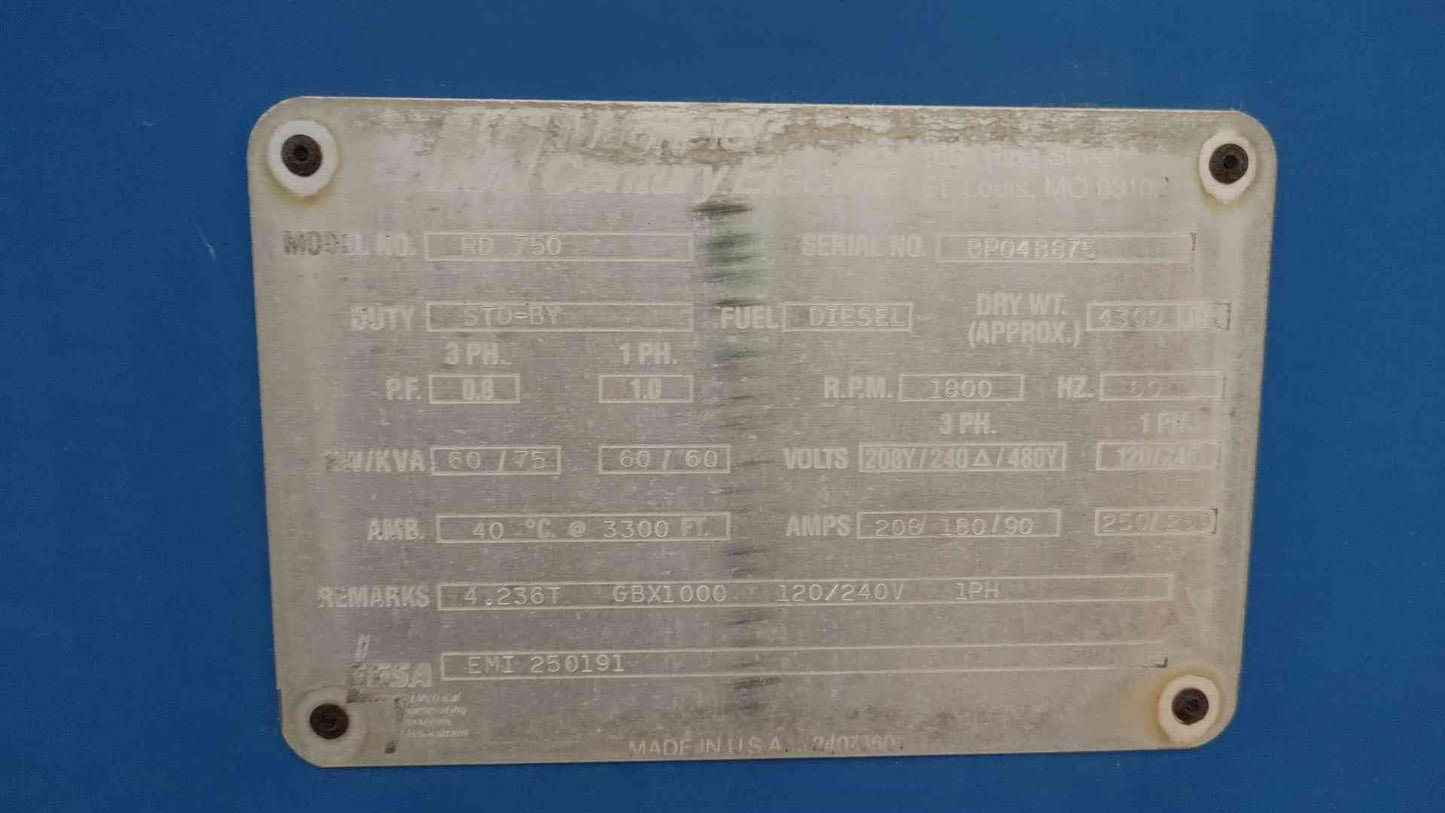 60KW Magnetek Diesel Generator Perkins 1&3PH 848Hrs RD750 TESTED (109008)