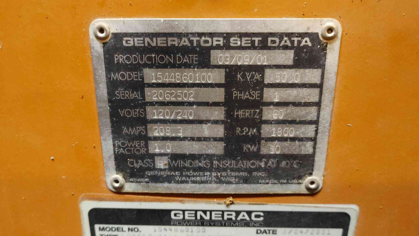 50KW Generac Diesel Generator 1Ph 612Hrs TESTED (109035)