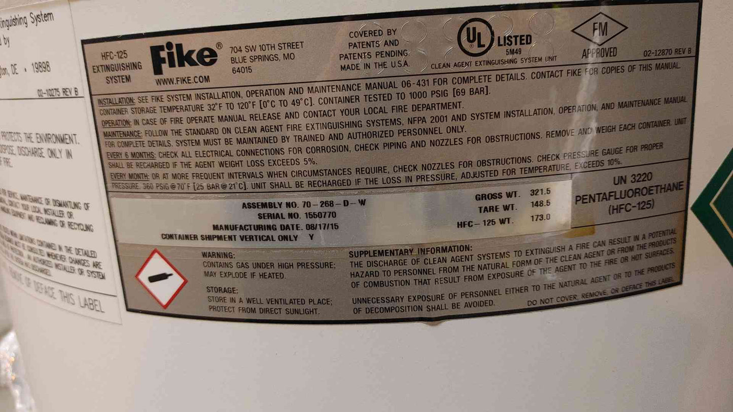 Fike ECARO-25 Plus Clean Agent Fire Suppression Cylinder 173 Lbs FE-25 (HFC-125) (109069)