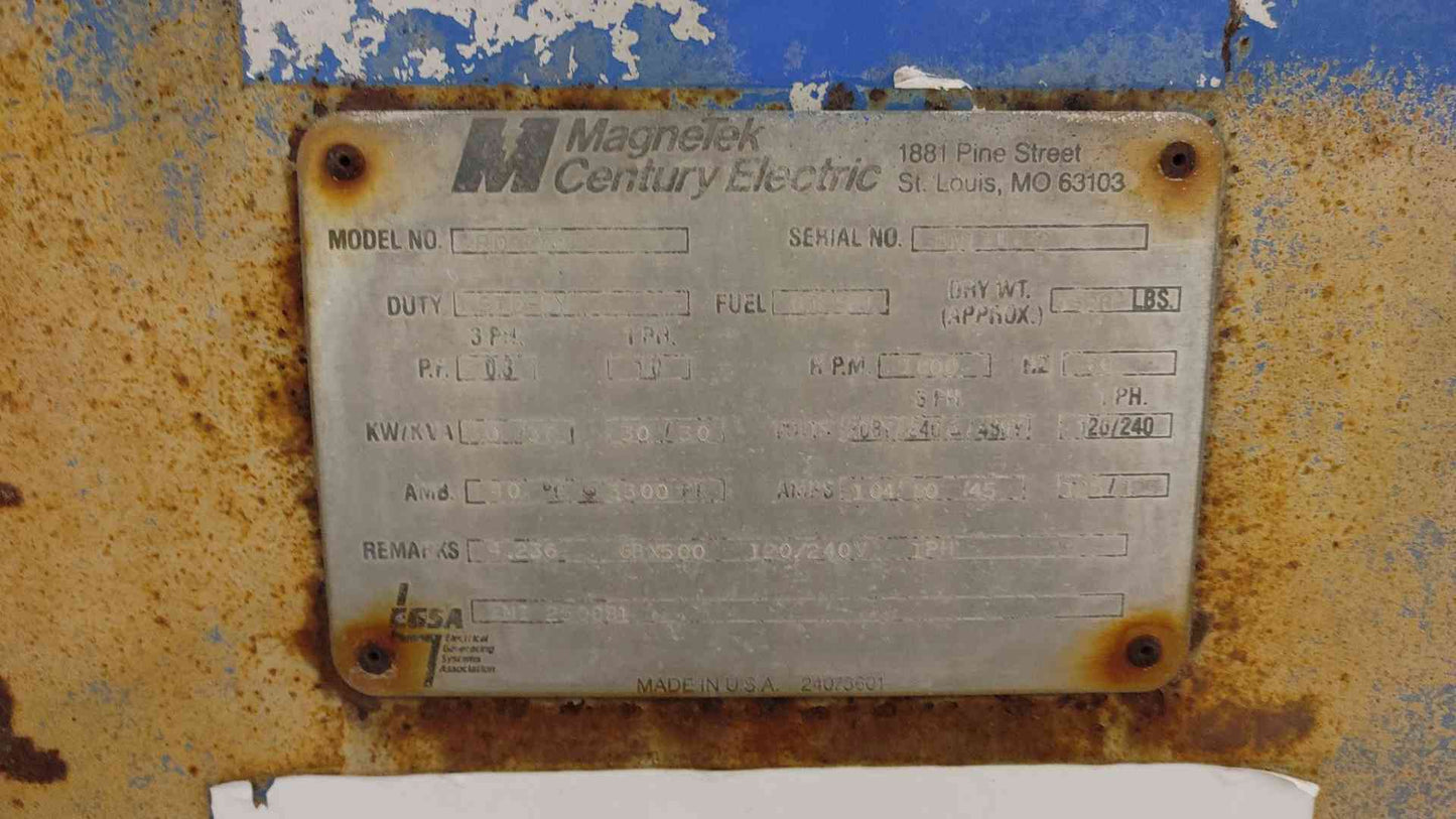 30KW Magnetek RD 370 Generator 1&3PH Perkins Diesel 448 Hrs Load Tested (109114)