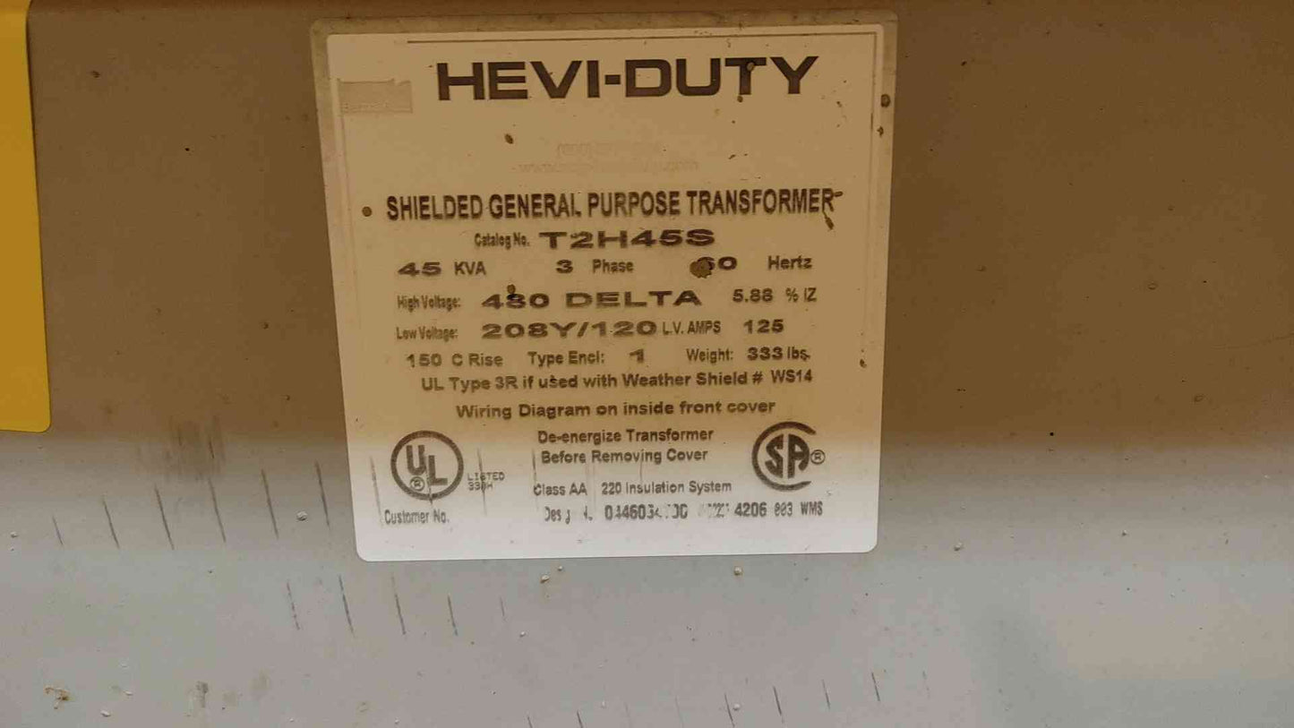 Hevi-Duty Shielded General Purpose Transformer 45KVA 3PH 480VDC 208Y/120VAC T2H45S (109201)