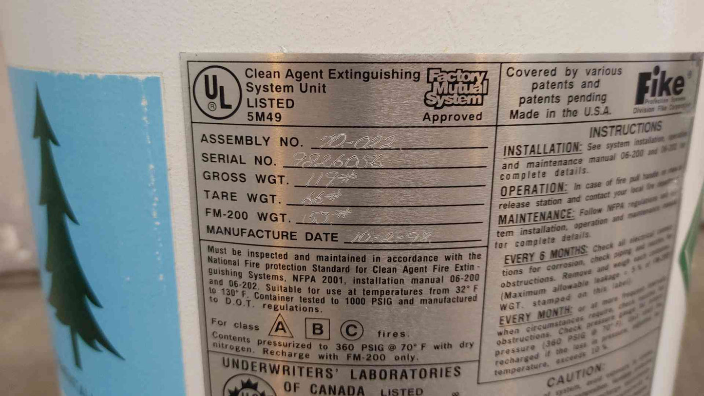 Fike 153 LBS Clean Agent Fire Suppression Cylinder FM-200 (109254)
