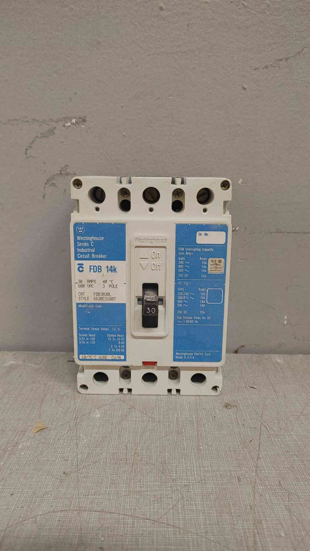 Westinghouse 3 Pole Circuit Breaker 30A 600VAC FDB3030L (109408)