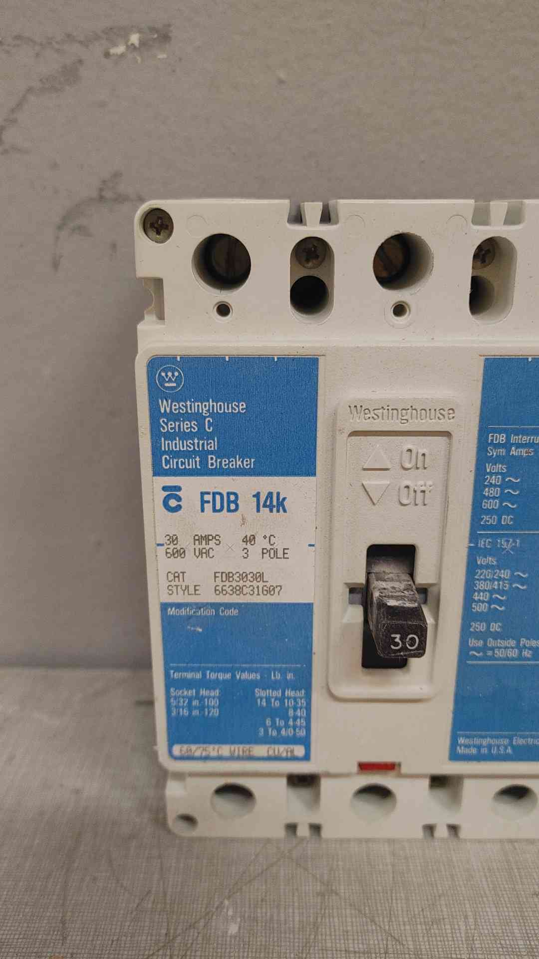 Westinghouse 3 Pole Circuit Breaker 30A 600VAC FDB3030L (109408)