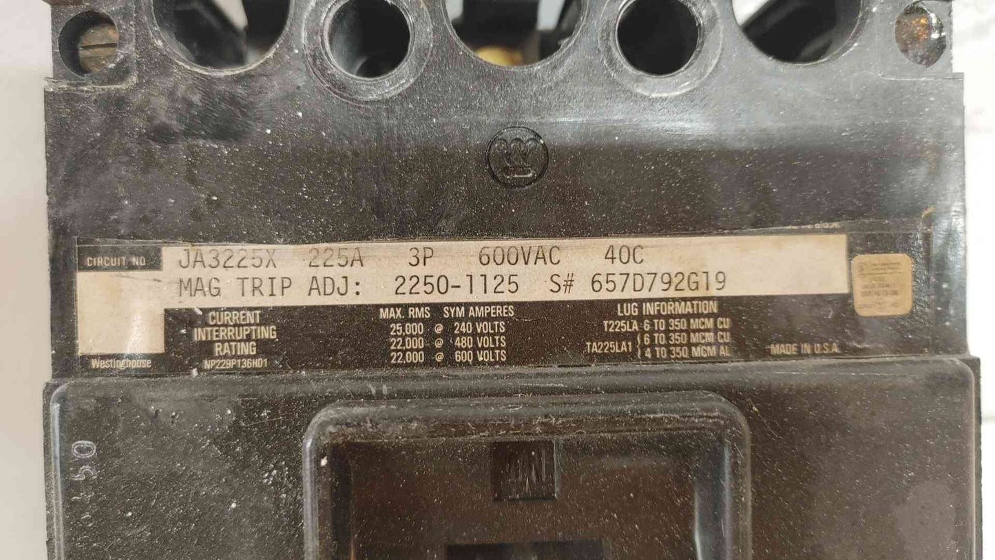Westinghouse 3 Pole Circuit Breaker 225A 600VAC JA3225X