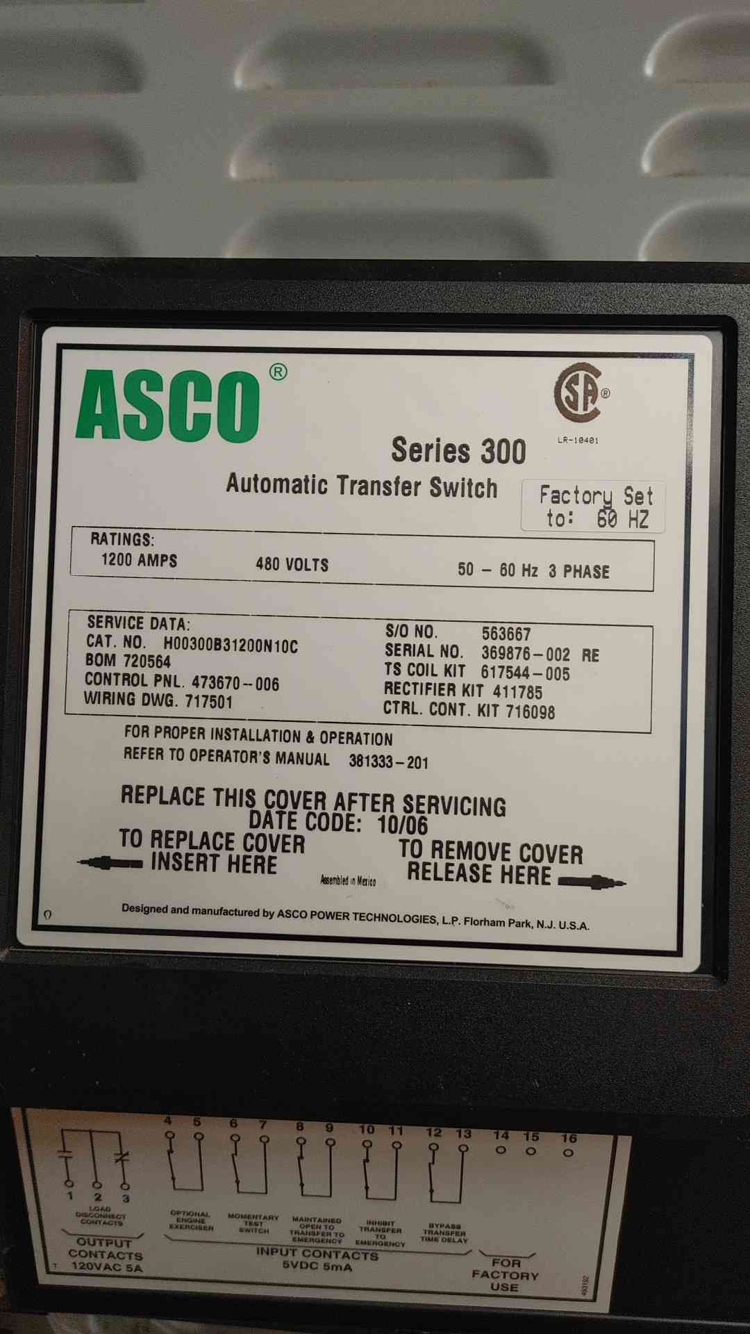 Asco Series 300 Automatic Transfer Switch H00300B31200N10C 1200A 480v ATS (109384)