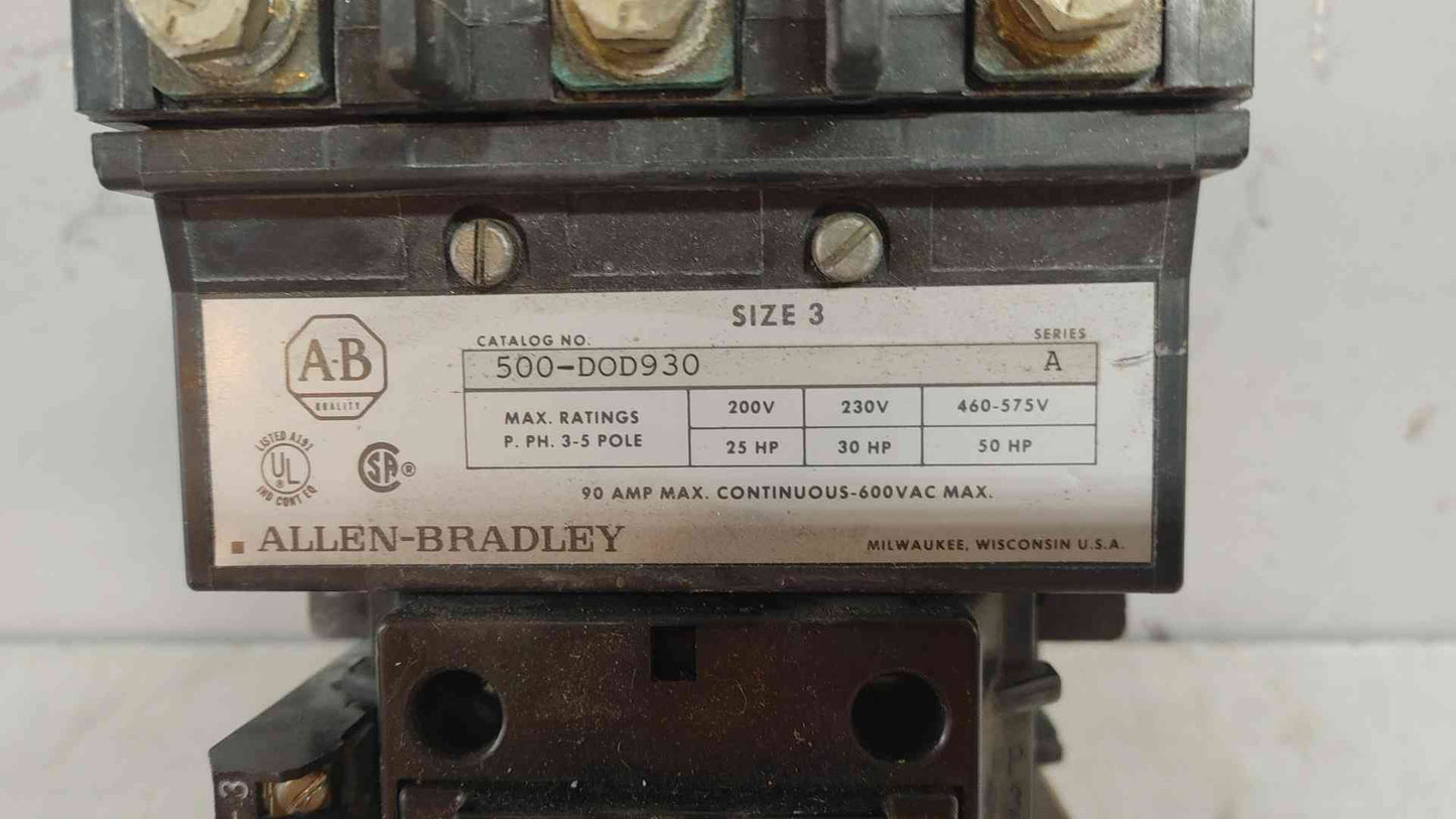 Allen Bradley 500-DOD930 Size 3 Contractor 90 Amp 460-575 V 3 Pole (109385)