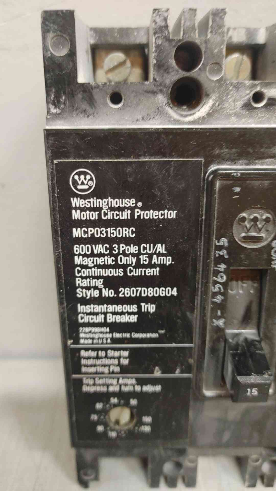 Westinghouse 3 Pole Circuit Breaker 15A 600VAC MCP03150RC (109390)