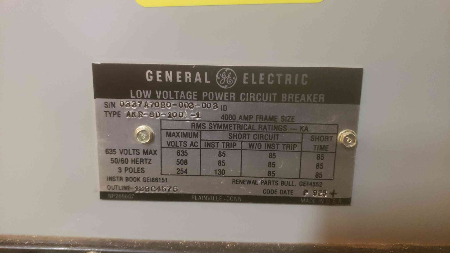 GE 4000A 635V Max Low Voltage Power Circuit Breaker AKR-8D-100-1 (SKU: 109427)