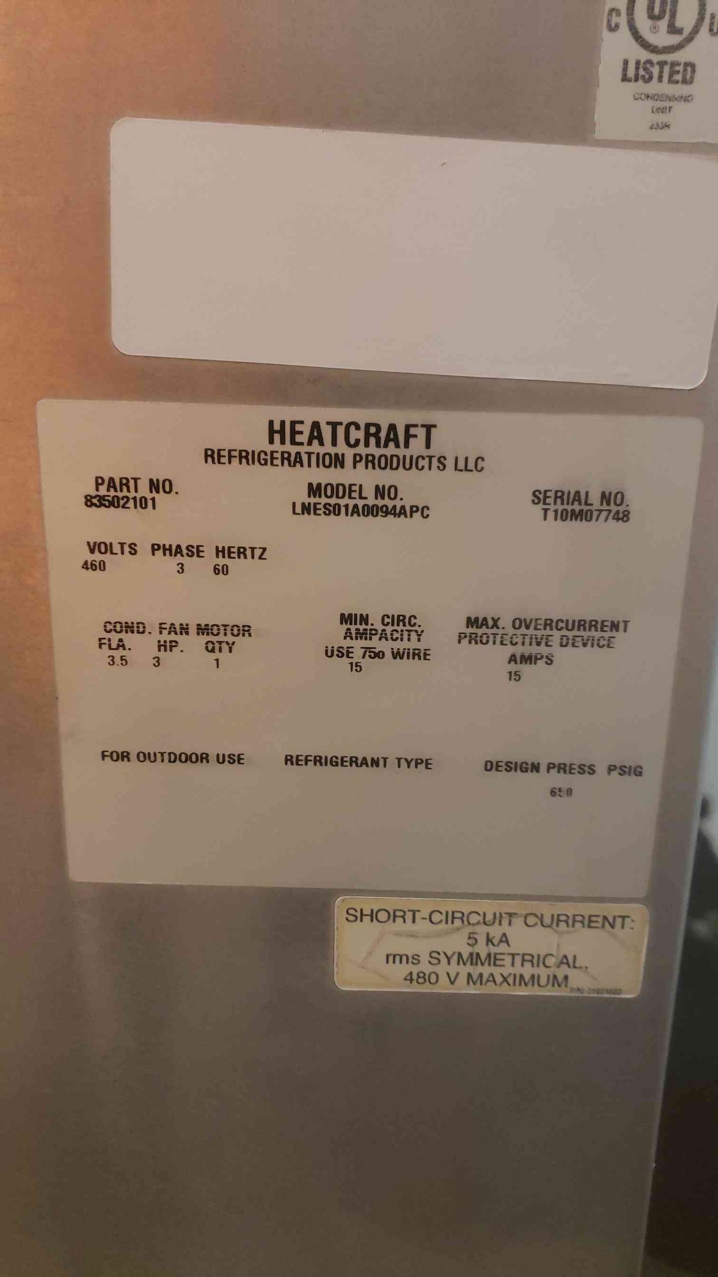 Heatcraft 3 HP 460V 3PH Commercial Condensing Unit 1 Fan LNES01A0094APC