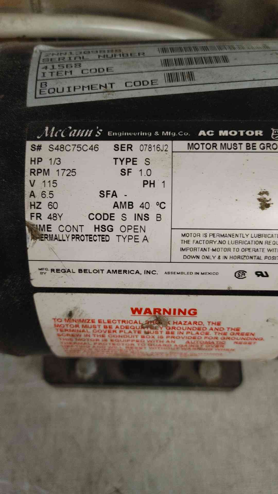 McCann's AC Motor 115 V 6.5 Amp With Tank (109512)