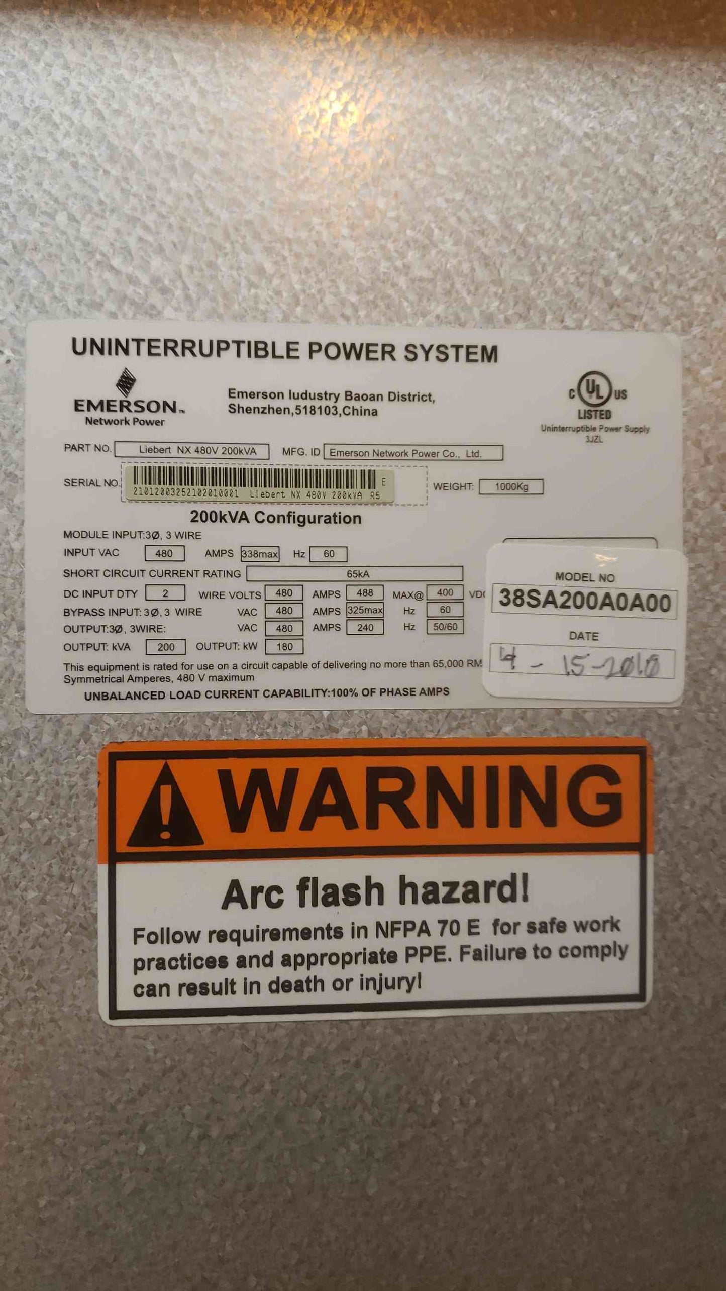 AS-IS Standalone Liebert NX 480V 3PH 4W UPS 38SA200A0A00 (SKU: 109570)