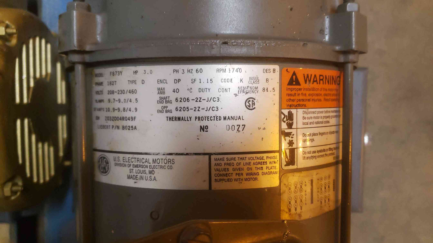 US Motors 3HP 208-230/460 3PH Motor F873Y (SKU: 109565)
