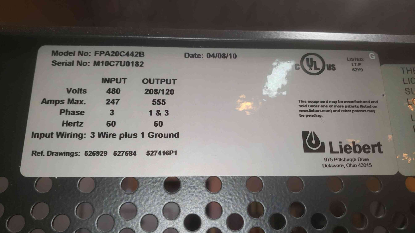 200KVA Liebert Vertiv 480V x 208/120 3PH PDU FPA20C442B (SKU: 109571)
