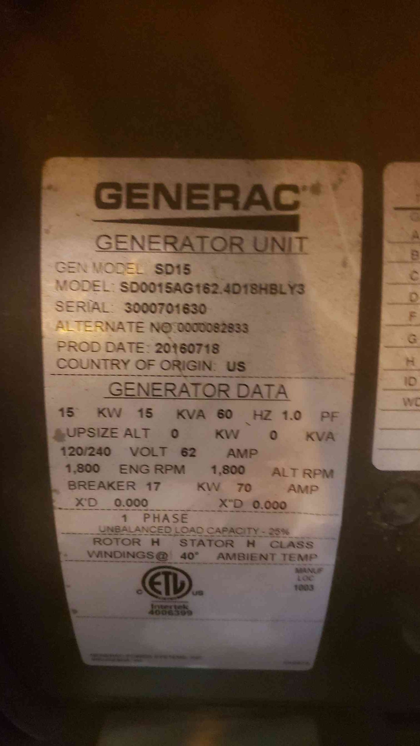 15KW GENERAC SD15 120/240V 1PH 62A Diesel 258 Hrs. TESTED