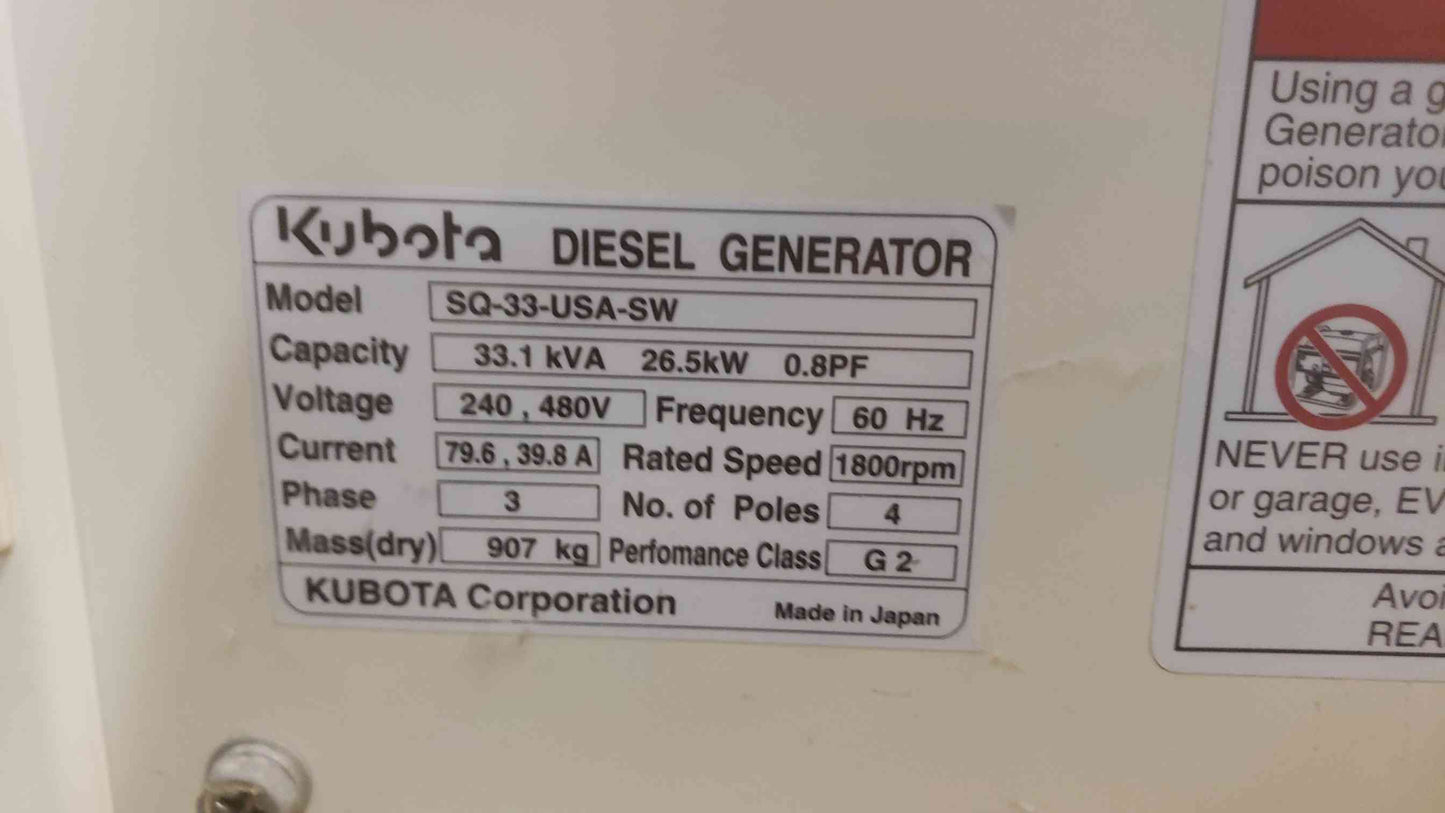 25KW 26.5KW Kubota Diesel Generator SQ-33-USA-SW 240/480V 3PH 268 Hrs. TESTED