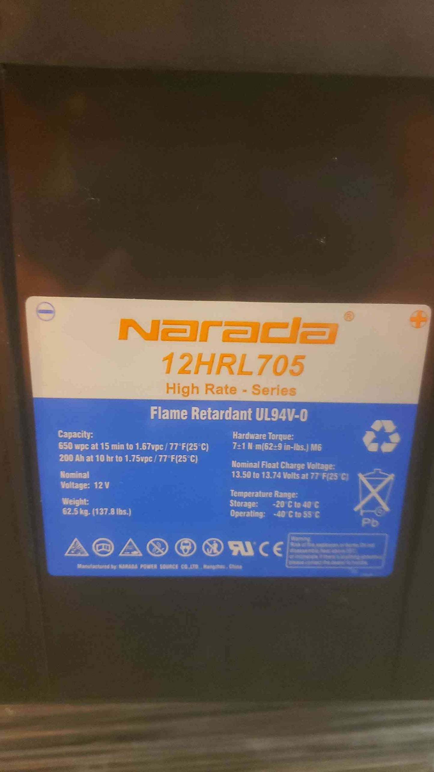 *Pickup Only* Narada 12V High Rate Series VRLA Battery 12HRL705 '21 (SKU: 109754)