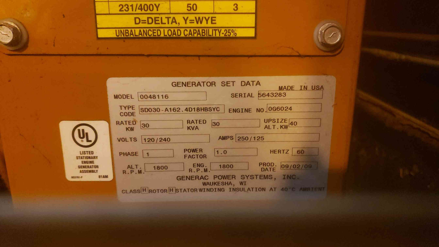 30KW Generac Generator 1PH 4024 John Deere Diesel Engine 687 Hrs. Tested (SKU: 109775)
