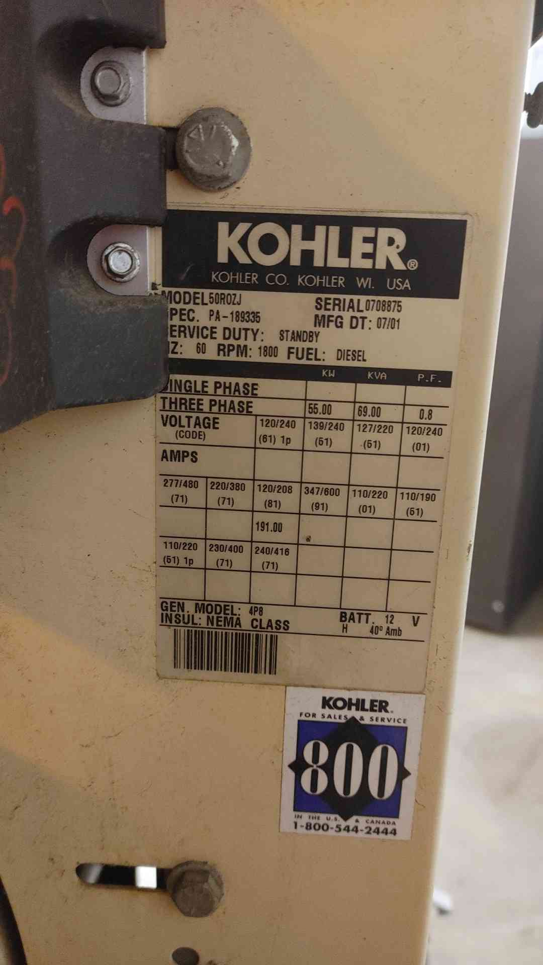 AS-IS 55KW KOHLER John Deere 4039T 50R0ZJ 1&3PH Diesel 811Hrs '01 (109813)