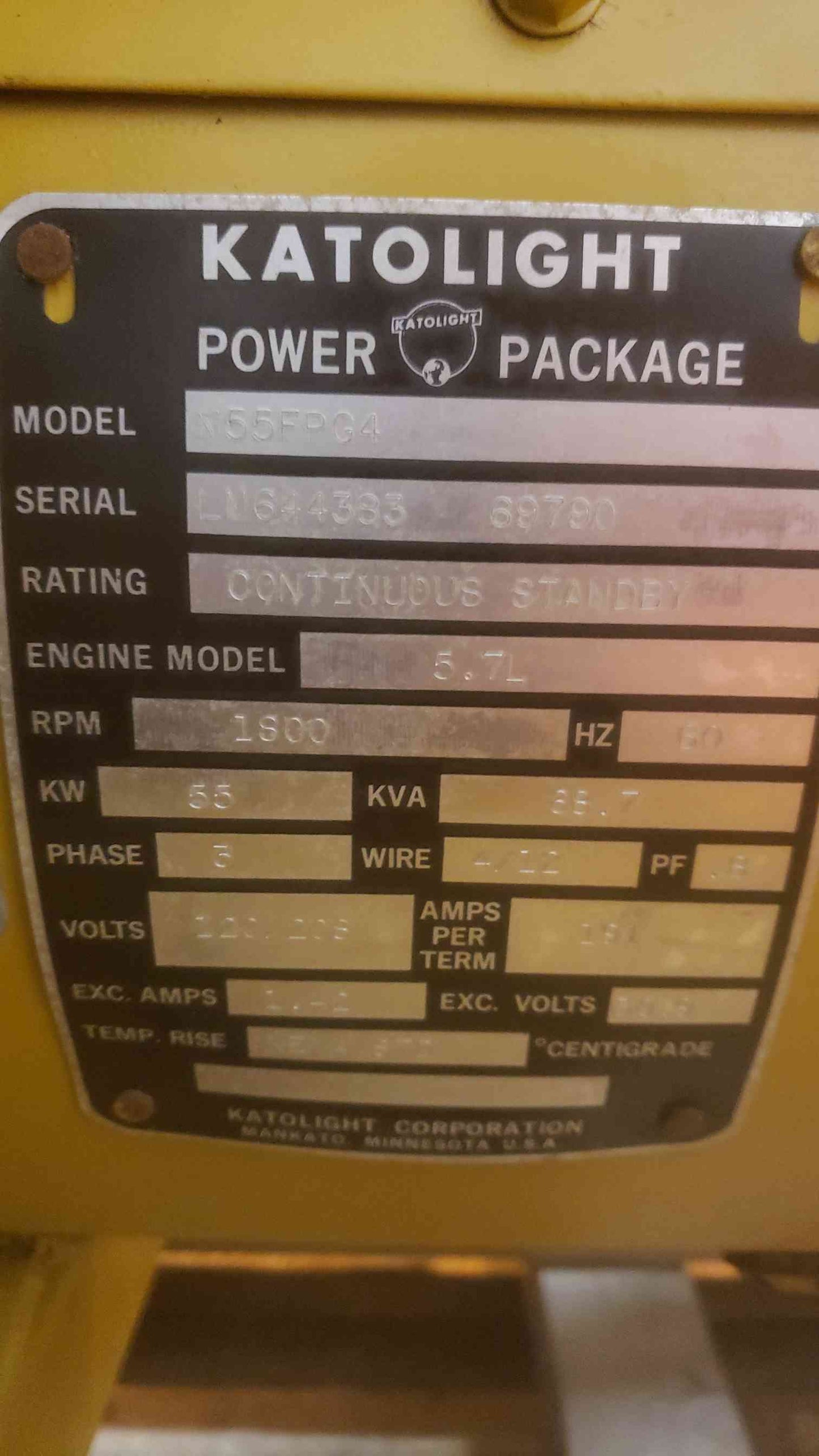55KW Katolight Generator N55FPG4 1&3PH Nat Gas LP 281 Hrs. 5.7L Engine (SKU: 109817)