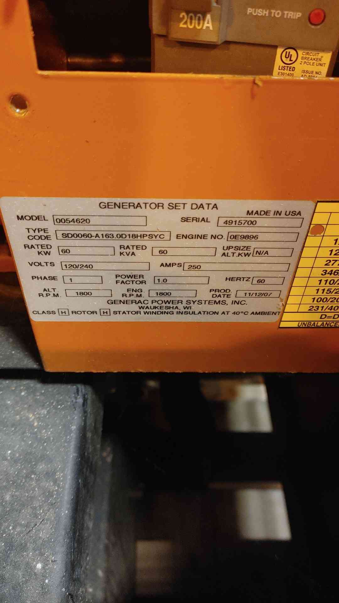 AS-IS 60KW GENERAC John Deere 5030 Engine 1PH Diesel (SKU: 109659)