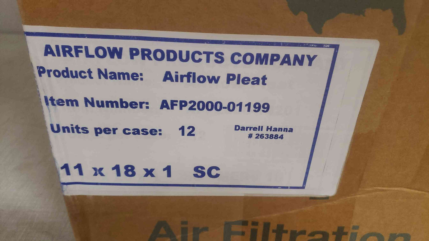 New Box of 12 Airflow Products 11x18x1 Airflow Pleat AFP2000-01199 (SKU: 109879)