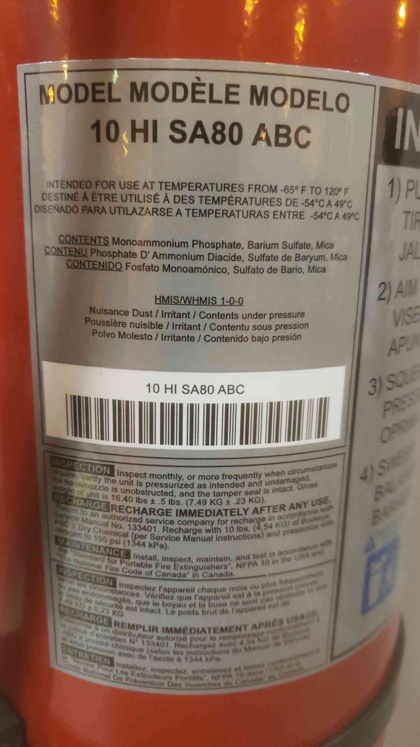 J. L. Industries ABC Dry Chemical Extinguisher 10 HI SA80 Out of Service Fire Extinguisher (SKU: 109897)