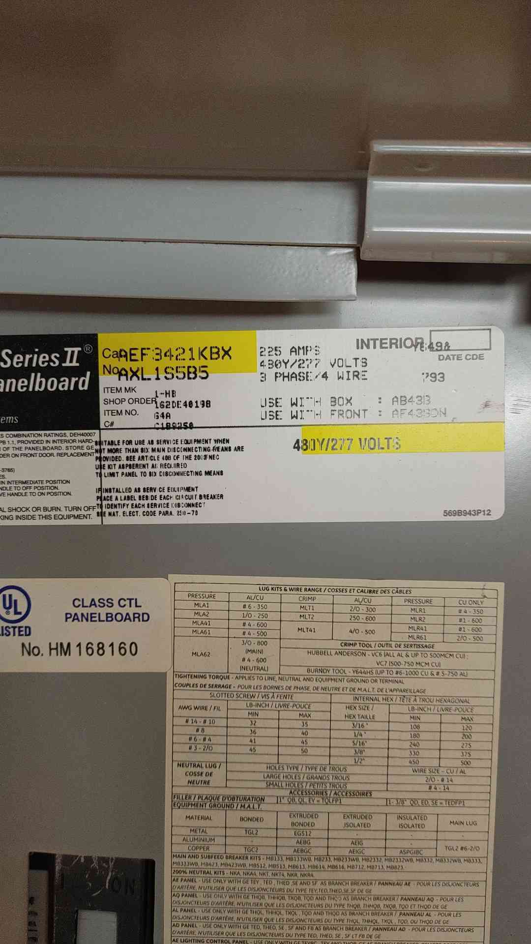 GE 277/480V 225A 3PH Breaker Panelboard AEF3421KBX with Main (SKU: 109950)