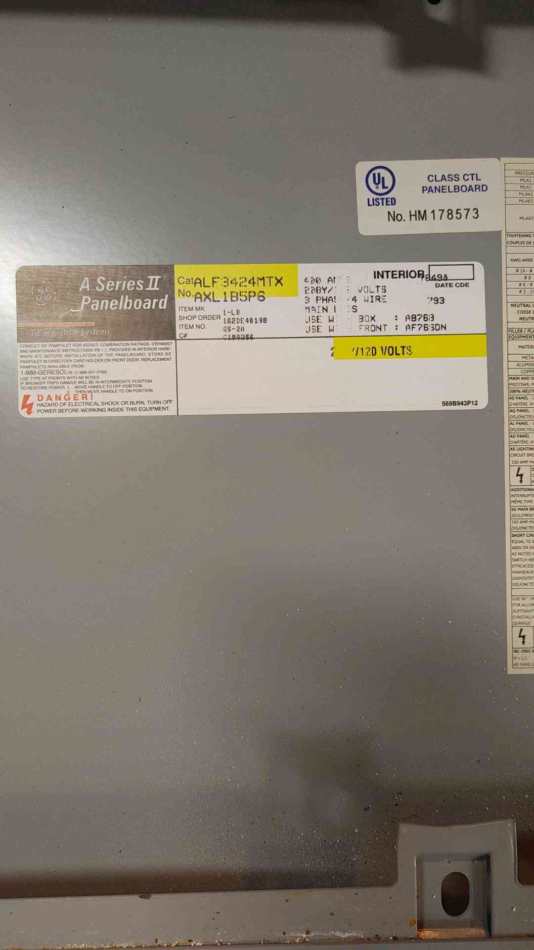 GE 120/208V 400A 3PH ALF3424MTX Breaker Panelboard (SKU: 109954)