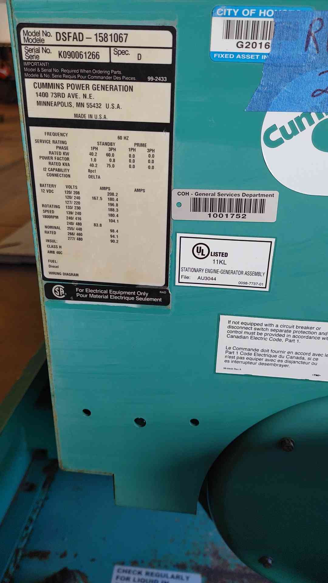 60KW Cummins Diesel Generator 1&3PH 85Hrs 2009 TESTED (SKU: 110092)