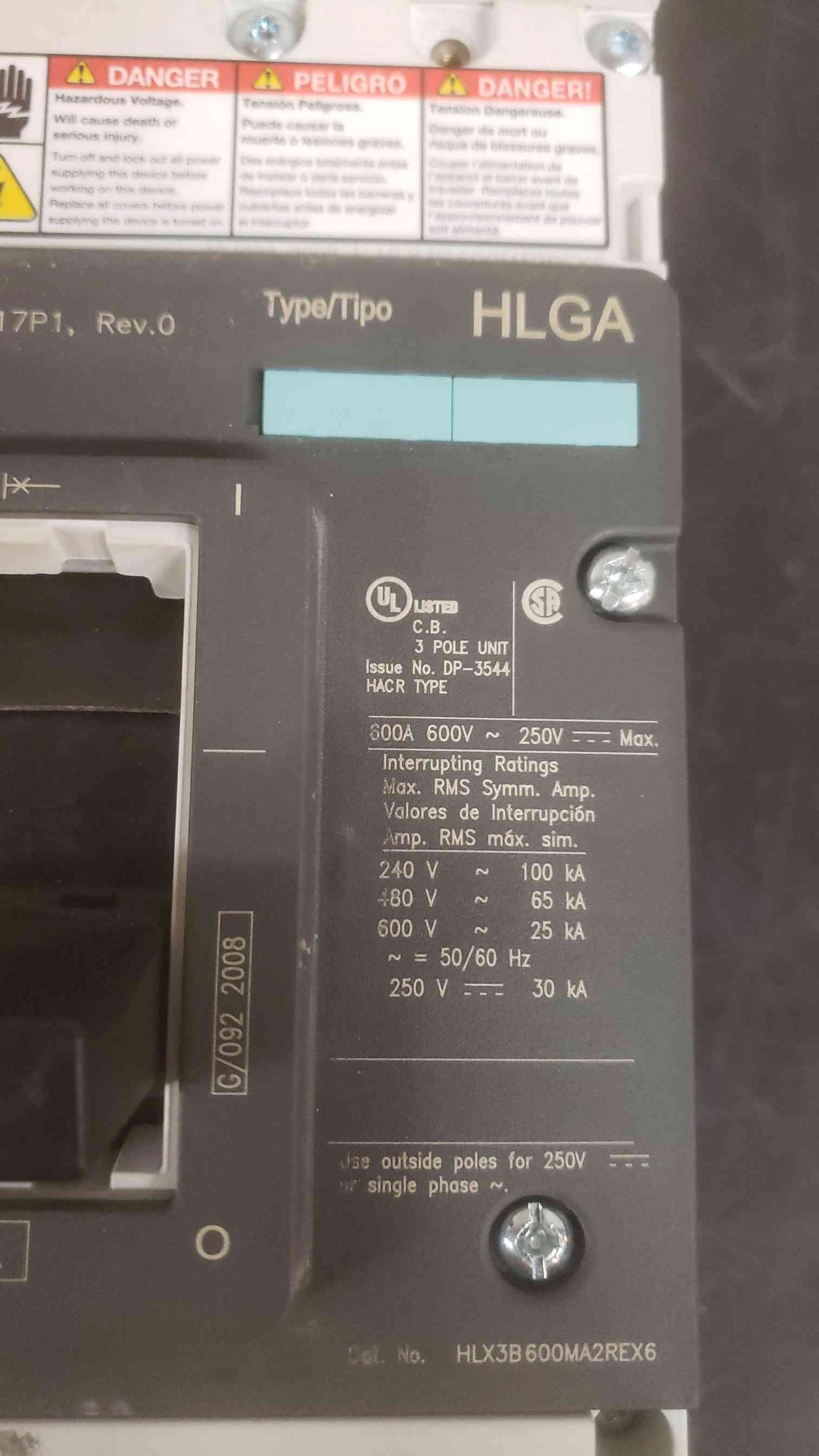 Siemens 600A 600V 3 Pole Breaker HLX3B600MA2REX6 (SKU: 110101)