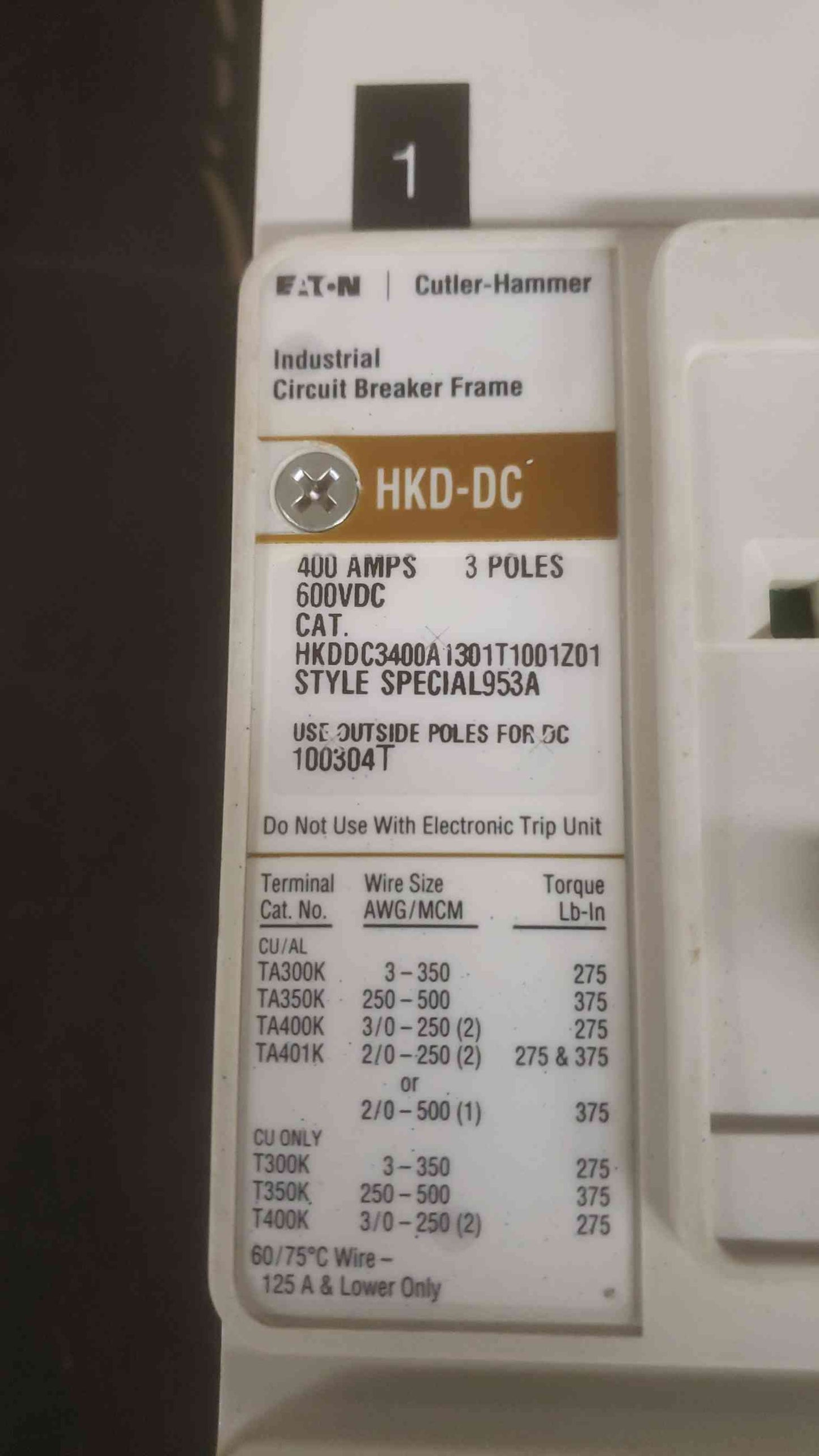 Cutler-Hammer 400A 600VDC 3 Pole Breaker HKDDC3400A1301T1001Z01 (SKU: 110102)