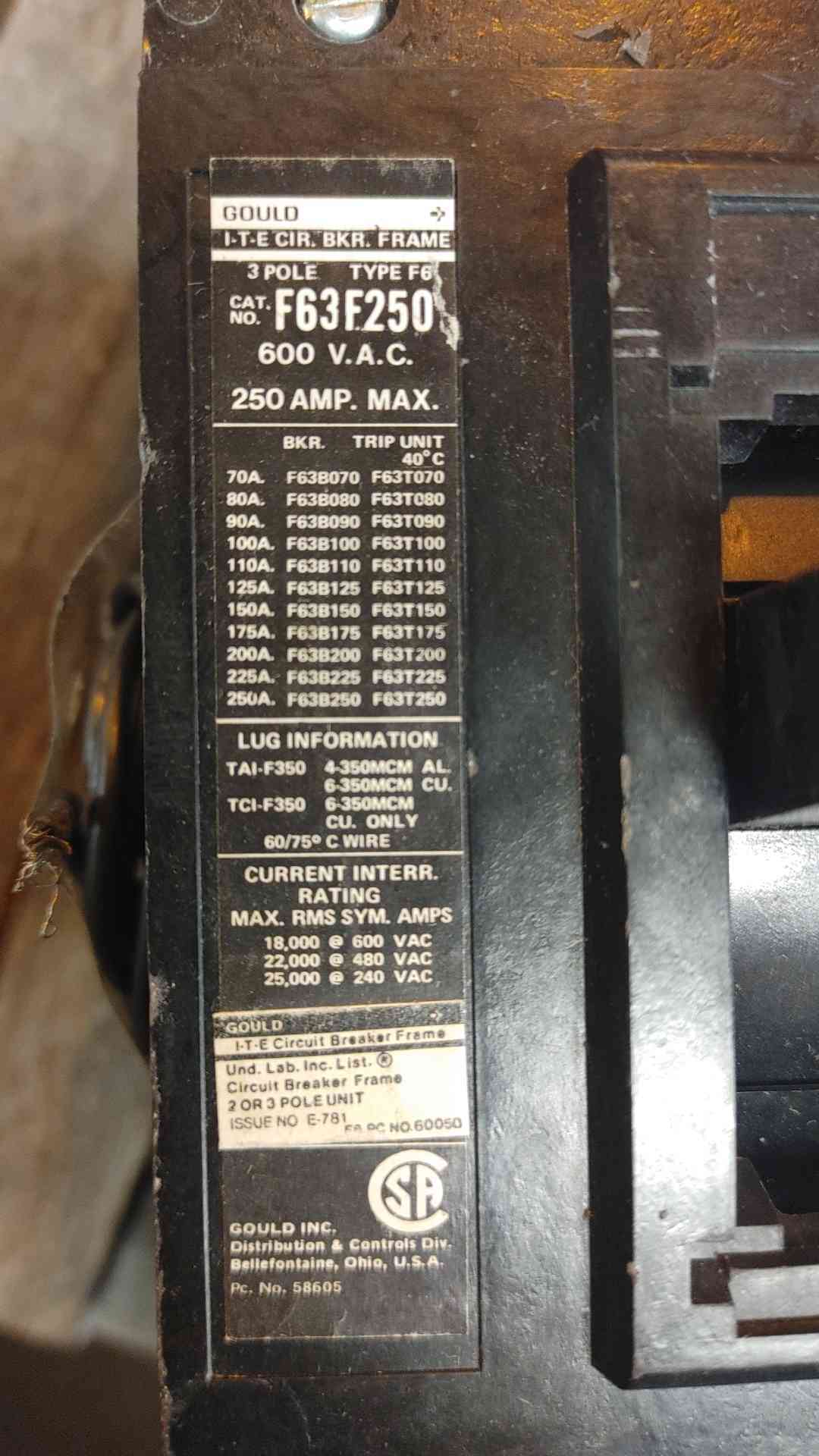 ITE Siemens F63F250 CIRCUIT BREAKER 225A 3POLES 600V (SKU: 110253)