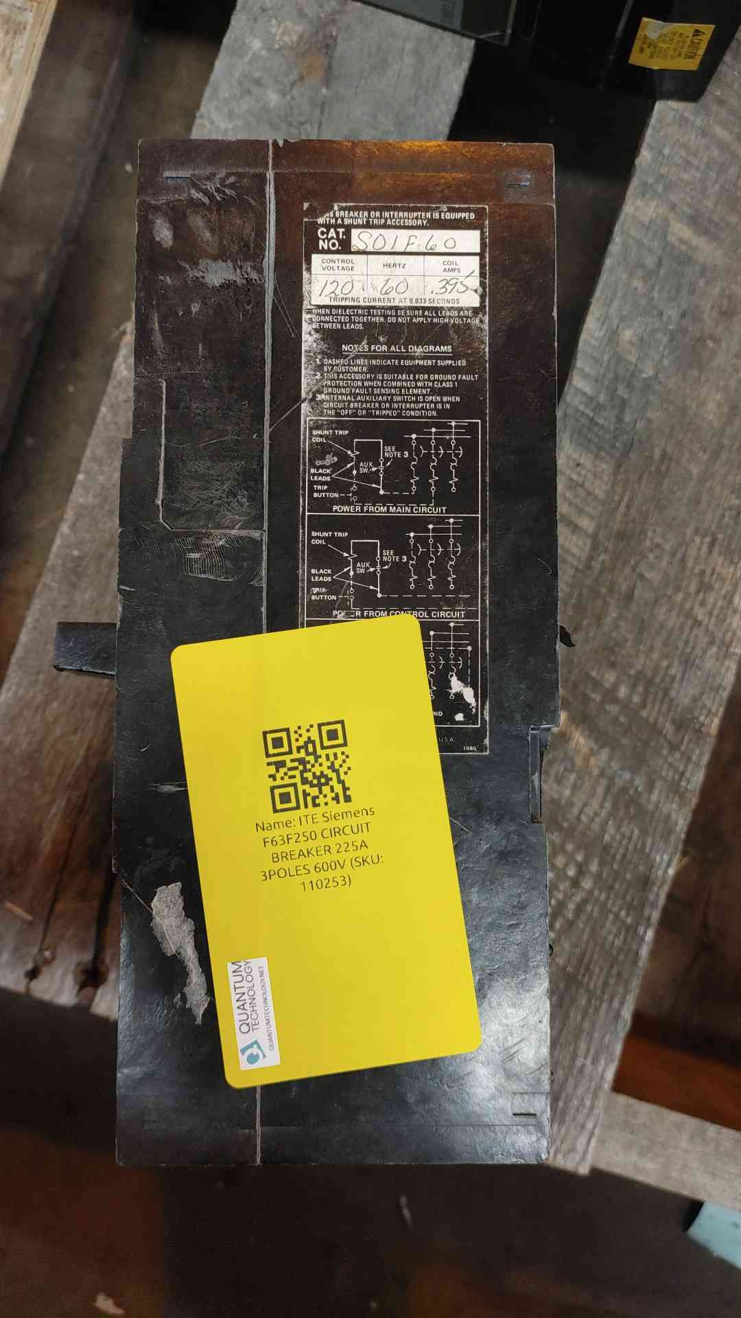 ITE Siemens F63F250 CIRCUIT BREAKER 225A 3POLES 600V (SKU: 110253)