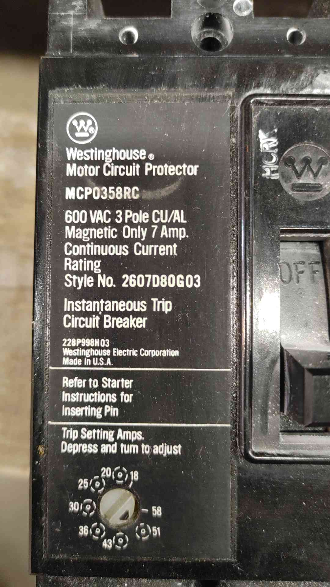 Westinghouse Motor Circuit Breaker Protector MCP0358RC 7A 3POLES 600V (SKU: 110237)