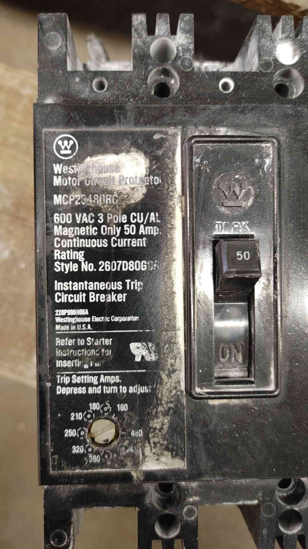 WESTINGHOUSE MOTOR CIRCUIT Breaker PROTECTOR 50A 3 POLE 600V (SKU: 110223)