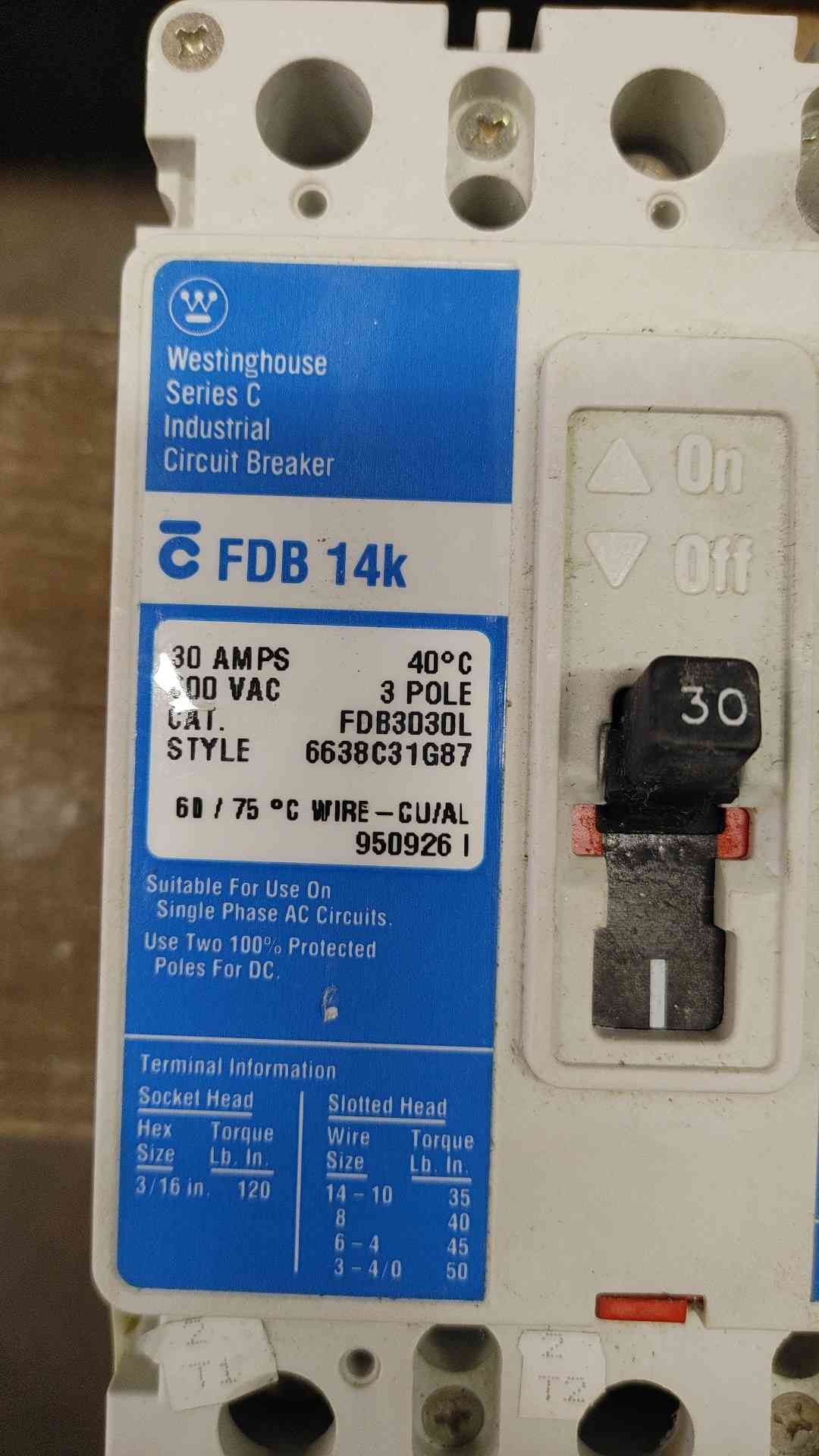 Westinghouse Series C Industrial Breaker 30A 3POLES 600V (SKU: 110229)