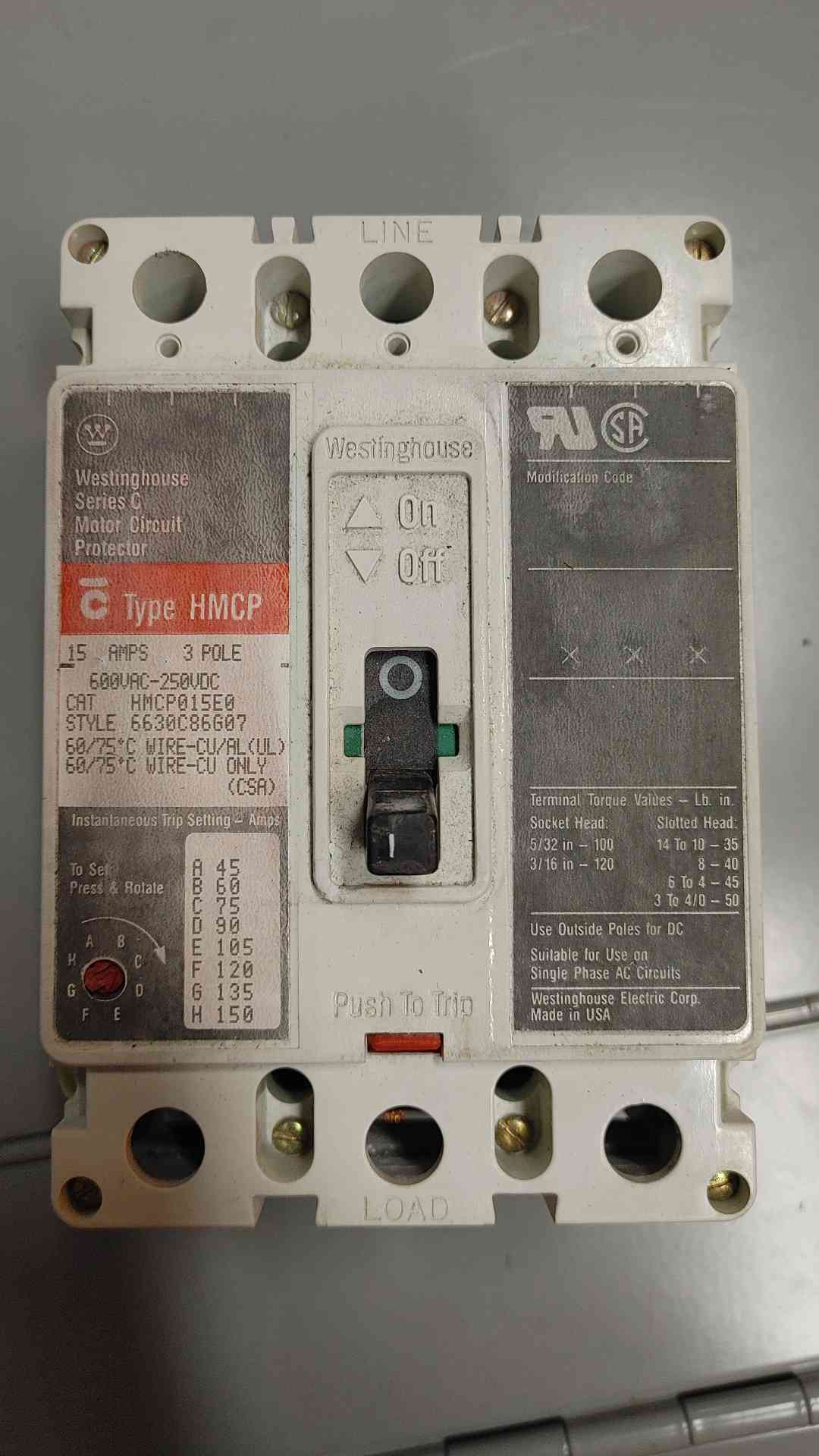 Westinghouse Series C Motor Circuit Breaker Protector 15A 3POLES 600V (SKU: 110235)