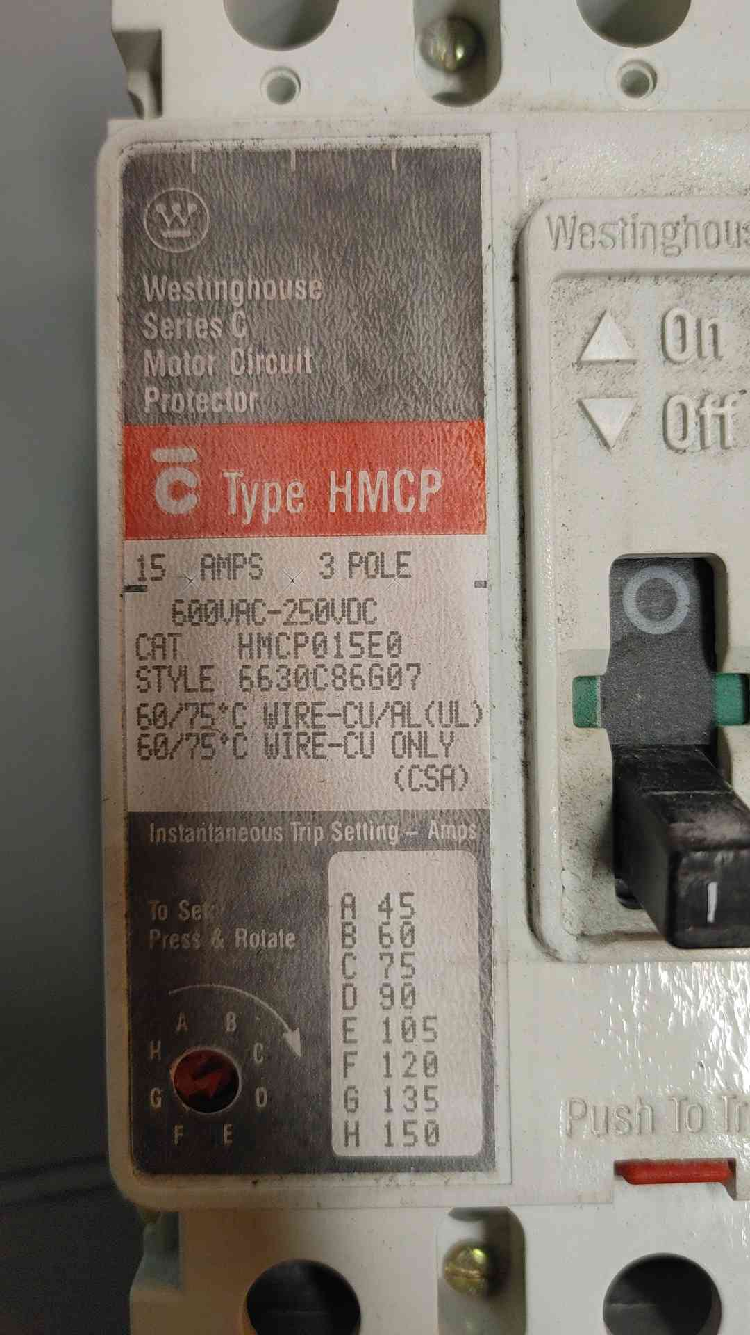 Westinghouse Series C Motor Circuit Breaker Protector 15A 3POLES 600V (SKU: 110235)