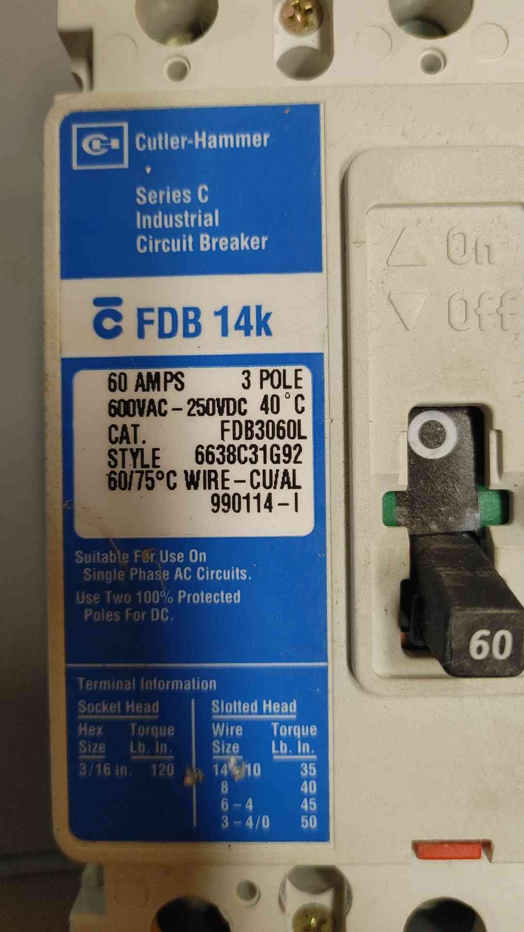 Cutler-Hammer FDB3060L Series C Industrial Circuit Breaker 60A 3POLES 600V (SKU: 110233)