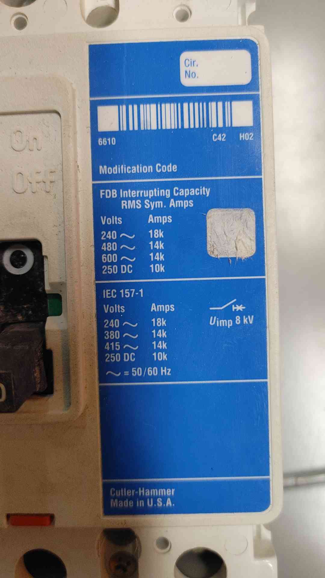 Cutler-Hammer FDB3060L Series C Industrial Circuit Breaker 60A 3POLES 600V (SKU: 110233)