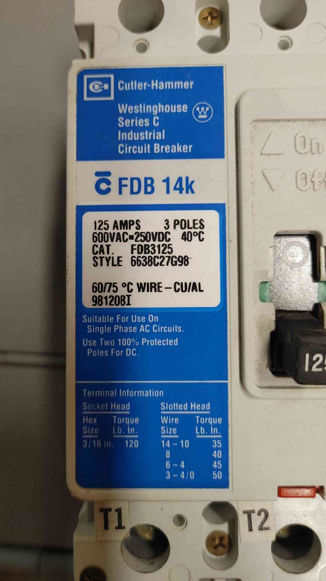 Cutler-Hammer FDB3125 Series C Industrial Circuit Breaker 125A 3POLES 600V (SKU: 110234)