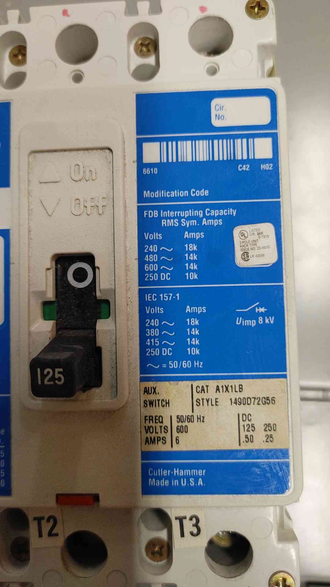Cutler-Hammer FDB3125 Series C Industrial Circuit Breaker 125A 3POLES 600V (SKU: 110234)