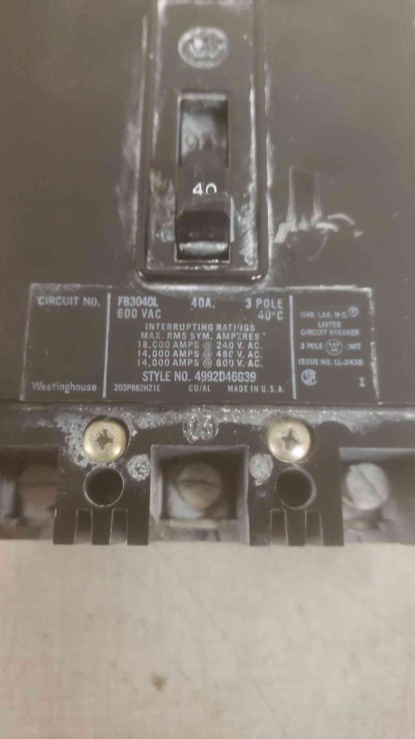 WESTINGHOUSE 40A 3 POLE 600VAC Circuit Breaker (SKU: 110209)
