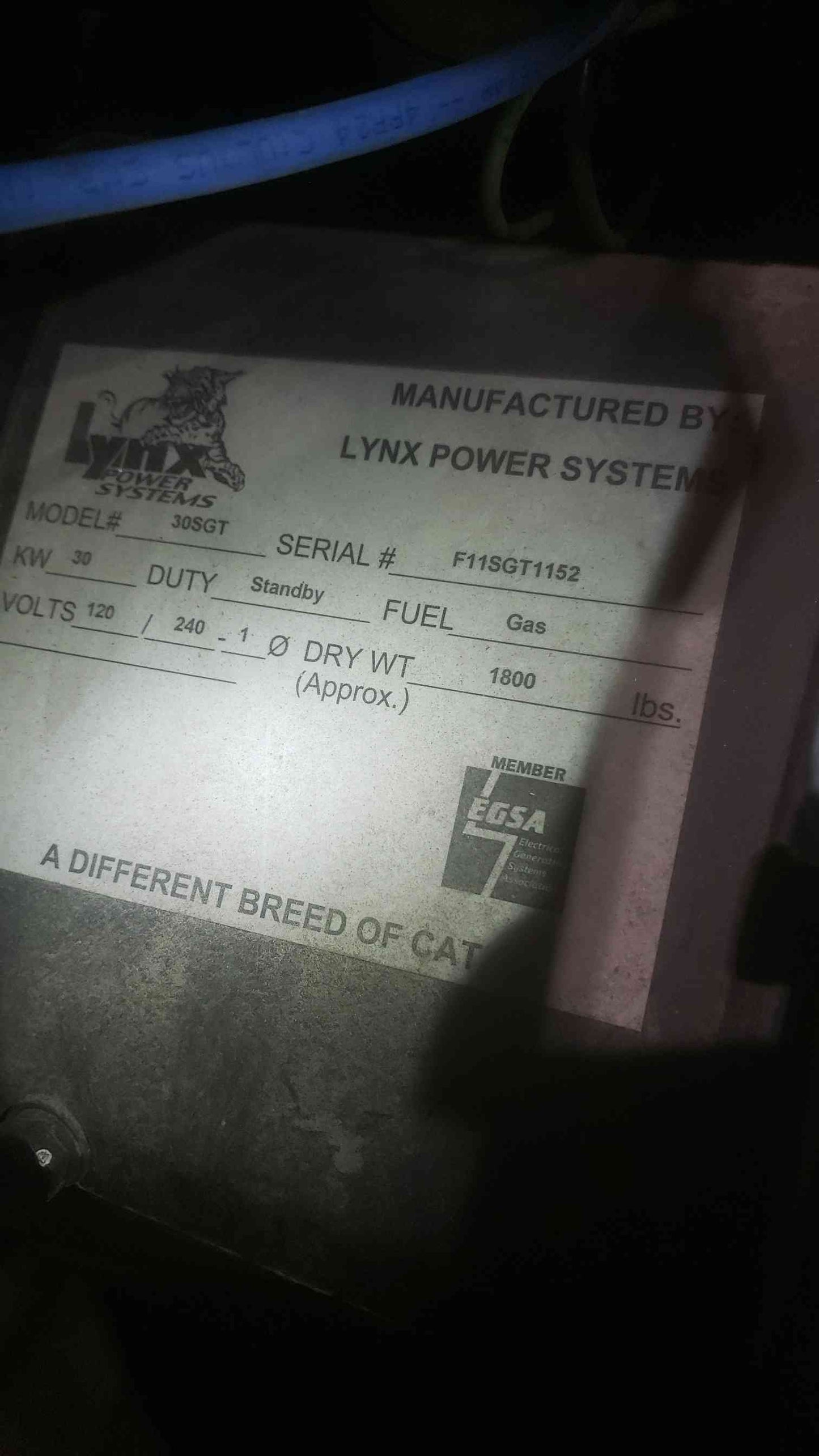 30KW Lynx Power Systems 120/240V 1PH 468Hrs Nat Gas LP Generator(SKU: 110288)Tested.